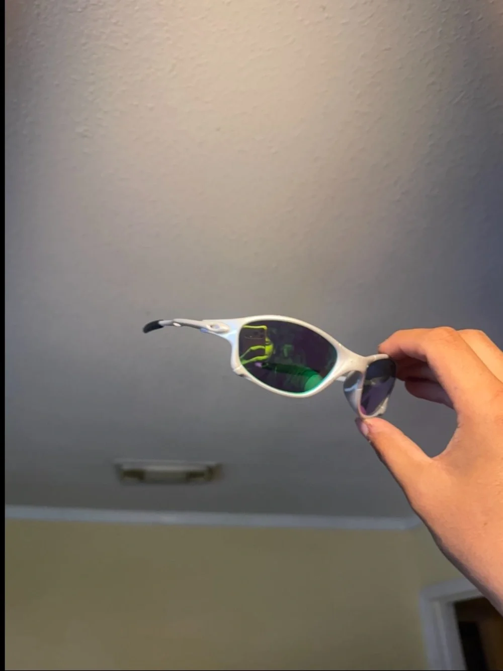 White Frame Sunglasses with Green Mirrored Lenses Oakleys